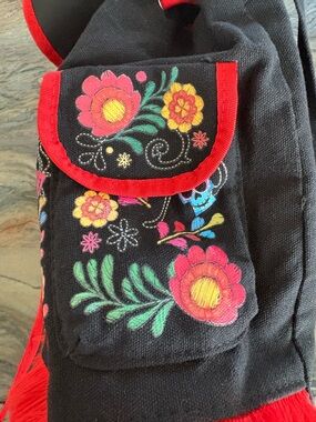 Coco Embroidered Floral Black Crossbody Bag with Red Trim